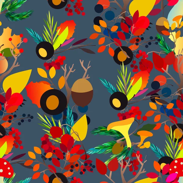 Autumn vector seamless pattern with berries, acorns, pine cone, mushrooms, branches and leaves. — Stock Vector