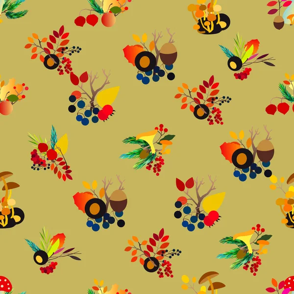 Autumn seamless pattern with berries, acorns, pine cone, mushrooms, branches and leaves. — Stock Vector