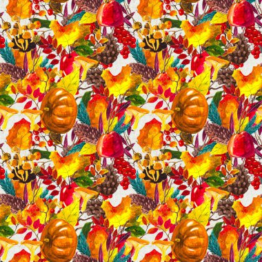 Sonbahar suluboya el, yapraklı, mantarlı ve kozalaklı kusursuz desenler çizdi.