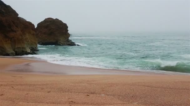 Playa de mar y arena en niebla densa, día de otoño — Vídeo de stock
