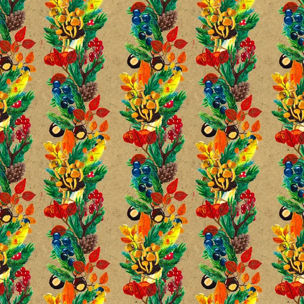 Autumn watercolor hand drawn seamless pattern with leaves mushrooms and pine cones — Stock Photo, Image