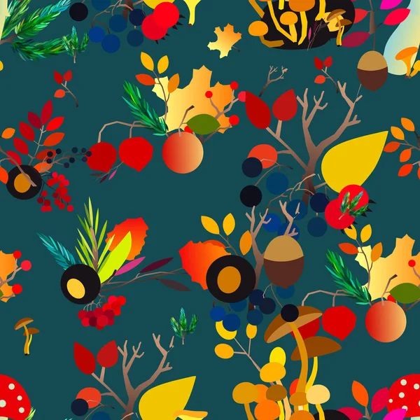 Motif sans couture vectoriel d'automne avec baies, glands, cône de pin, champignons, branches et feuilles. — Image vectorielle