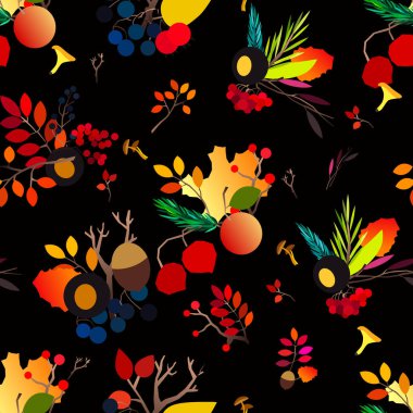 Böğürtlen, meşe palamudu, kozalak, mantar, dallı ve yapraklı sonbahar vektörü..