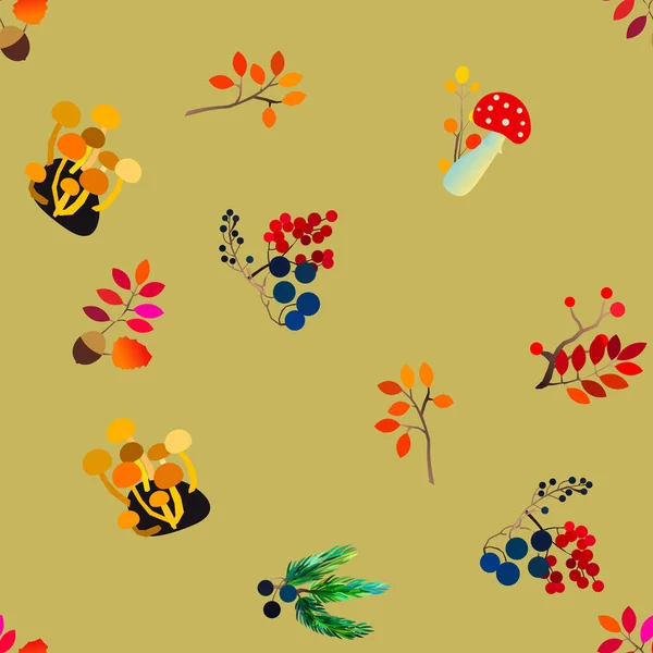 Motif sans couture vectoriel d'automne avec baies, glands, cône de pin, champignons, branches et feuilles. — Image vectorielle