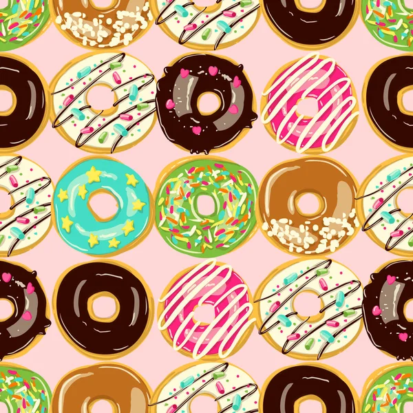 Esmaltado Donuts patrón sin costura. Panadería ilustración vectorial. Donuts Top View — Vector de stock