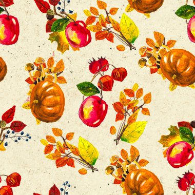 Sonbahar suluboya el, yapraklı, mantarlı ve kozalaklı kusursuz desenler çizdi.