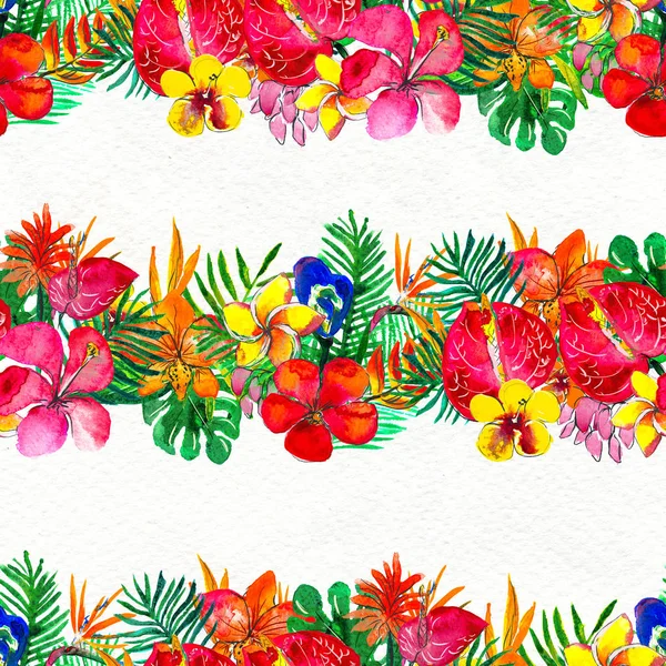 Sömlöst mönster med tropiska blommor. Akvarell bakgrund — Stockfoto