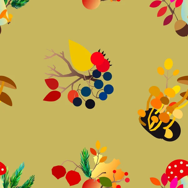 Nahtloses Herbstmuster mit Beeren, Eicheln, Tannenzapfen, Pilzen, Zweigen und Blättern. — Stockvektor
