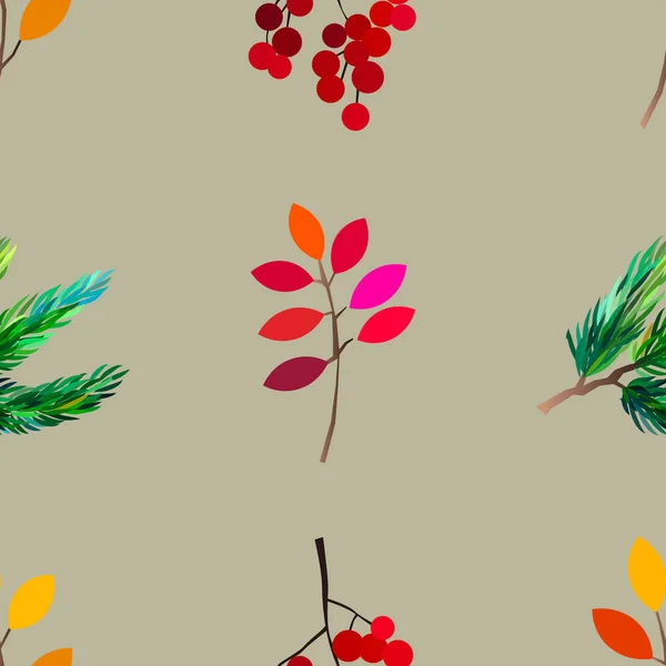 Autumn vector seamless pattern with berries, acorns, pine cone, mushrooms, branches and leaves. — Stock Vector