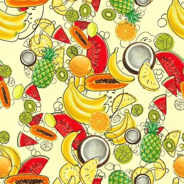Patrón dibujado a mano con plátanos, cocos, piñas. Fondo de verano sin costuras. — Foto de Stock