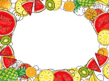 El çizimi egzotik meyve çerçevesi beyaz arkaplanda izole