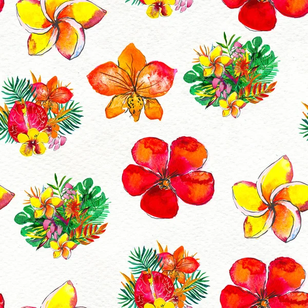 Seamless pattern With Tropical Flowers. Watercolor Background