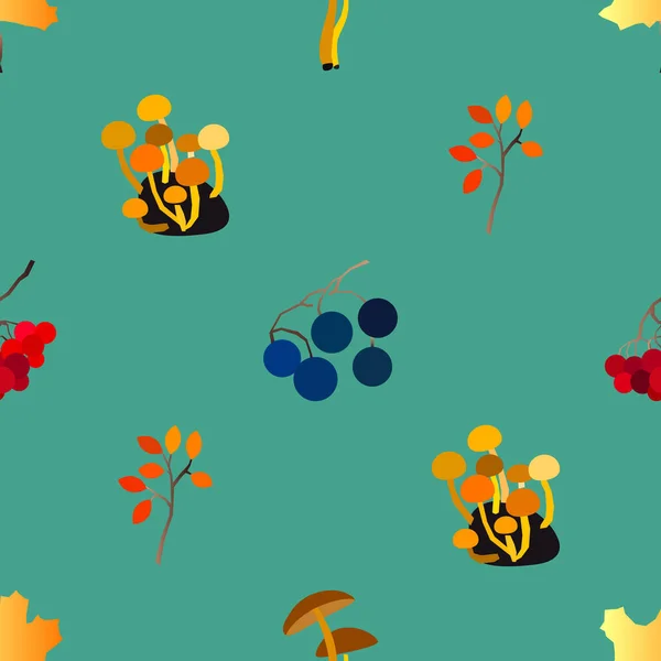 Jesienny wektor bezszwowy wzór z jagodami, żołędziami, szyszką sosnową, grzybami, gałęziami i liśćmi. — Wektor stockowy