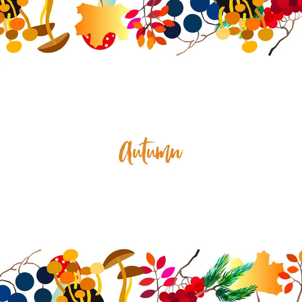 Cadre vectoriel d'automne avec baies, glands, cône de pin, champignons, branches et feuilles . — Image vectorielle