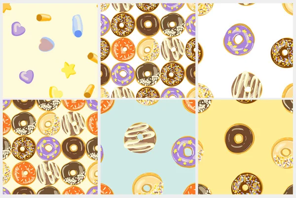 Donuts esmaltados conjunto de patrones sin costura. Panadería Vector ilustraciones. Donuts Top View — Vector de stock