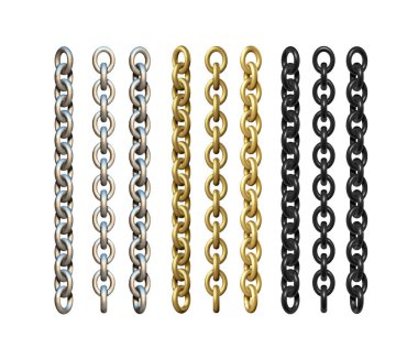Altın, gümüş ve siyah metal zincirler. 3d gerçekçi vektör