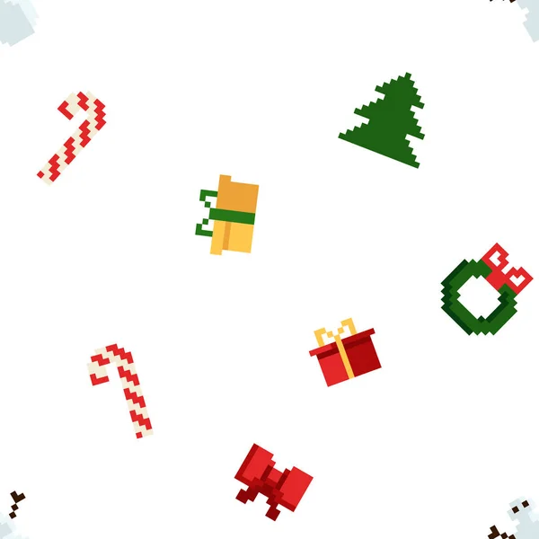 Padrão de pixel colorido com elementos de Natal. Estilo de jogos Atcade — Vetor de Stock