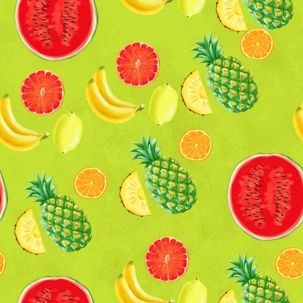 El çizimi pürüzsüz desen. Egzotik meyveli yaz arkaplanı.