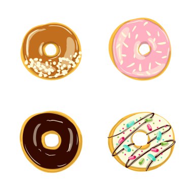 İzole edilmiş dört donut seti. Vektör illüstrasyonu