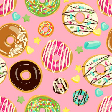 Sırlı Donuts Dikişsiz desen. Fırın vektör Illustration. Üst görünüm donut