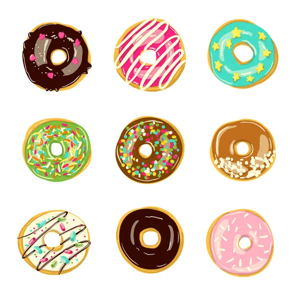 Set mit neun glasierten Donuts. Vektorillustration — Stockvektor