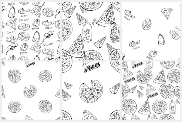 Sömlös mönster uppsättning med handritade pizza skivor. — Stock vektor