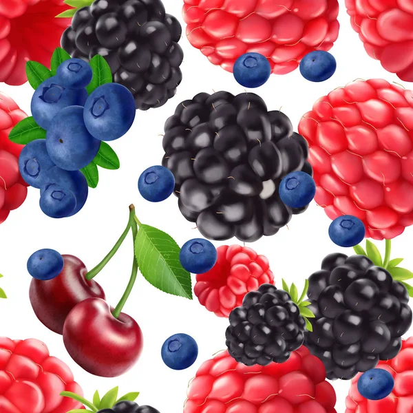 Blackberry blueberry cherry and raspberry seamless pattern. 3d realistic vector berries. — Stock Vector