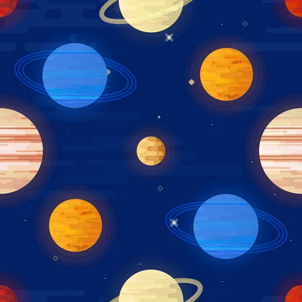 Ruimte afdrukken. Naadloze vector patroon. Verschillende gekleurde planeten van het zonnestelsel en de sterren. — Stockvector