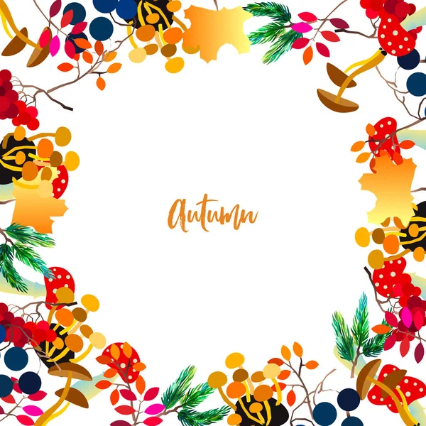 Осенний векторный каркас с ягодами, желудями, шишкой, грибами, ветвями и листьями . — стоковый вектор
