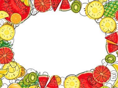 El çizimi egzotik meyve çerçevesi beyaz arkaplanda izole