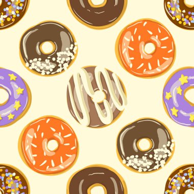 Jöleli çörekler pürüzsüz. Vektör çizimi. Üst Görünüm donutları arka planı