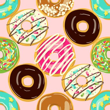 Jöleli çörekler pürüzsüz. Vektör çizimi. Üst Görünüm donutları arka planı