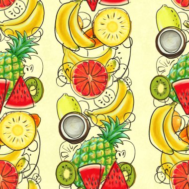 El çizimi pürüzsüz desen. Egzotik meyveli yaz arkaplanı.