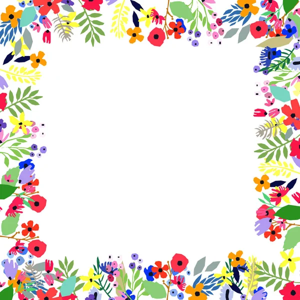 Floral πλαίσιο από λουλούδια. Φύλλα και κλαδιά αγριολούλουδων. Εικονογράφηση διανύσματος. — Διανυσματικό Αρχείο