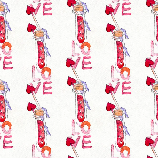 Happy Valentines Day. Seamless pattern with red watercolor hearts, love poison and arrows. — Stock Photo, Image