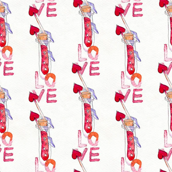 Happy Valentines Day. Seamless pattern with red watercolor hearts, love poison and arrows.
