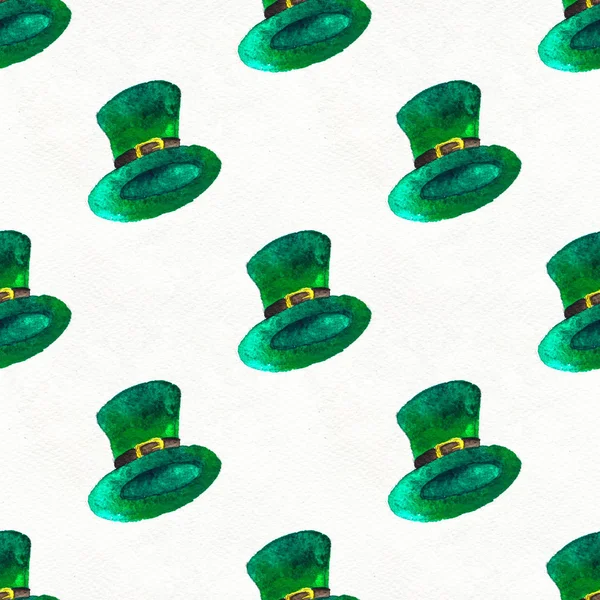 Sfondo disegnato a mano senza cuciture con cappelli leprecauno San Patrizio simboli del giorno — Foto Stock