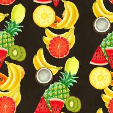 El çizimi pürüzsüz desen. Egzotik meyveli yaz arkaplanı.