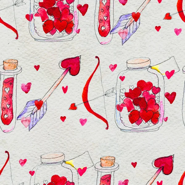 Alles Gute zum Valentinstag. Nahtloses Muster mit roten Aquarellherzen. — Stockfoto