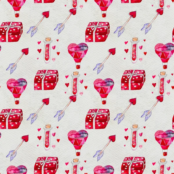 Happy Valentines Day. Seamless pattern with red watercolor hearts gifts and arrows. — Stock Photo, Image