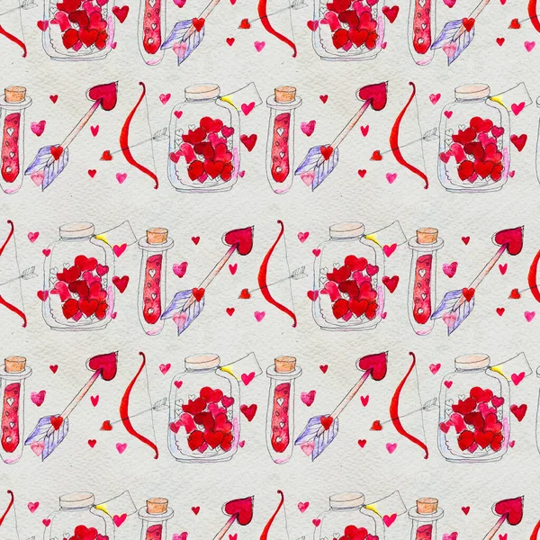 Happy Valentines Day. Seamless pattern with red watercolor hearts. — Stock Photo, Image