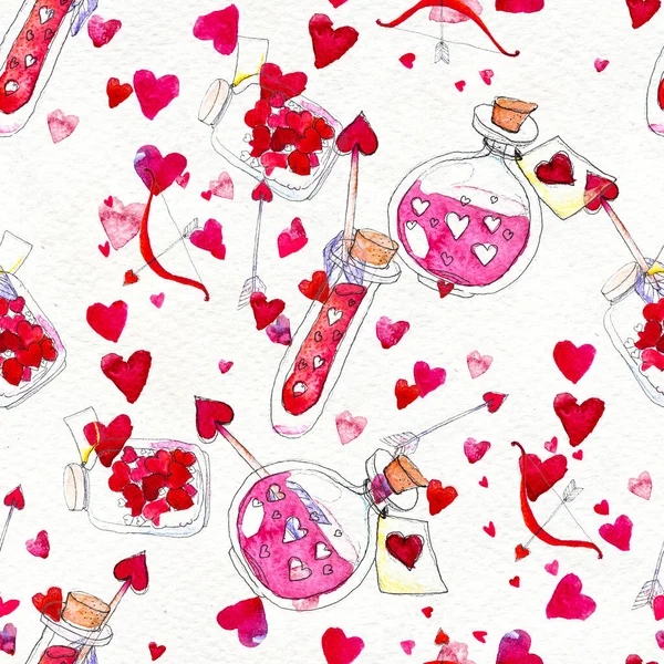 Feliz día de San Valentín. Patrón sin costuras con corazones de acuarela roja. —  Fotos de Stock