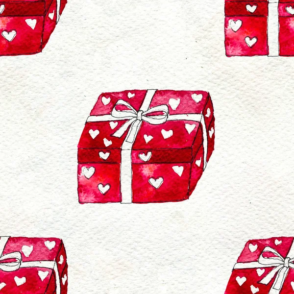 Sevgililer Günün kutlu olsun. Kırmızı suluboya hediye kutularıyla kusursuz desen. — Stok fotoğraf