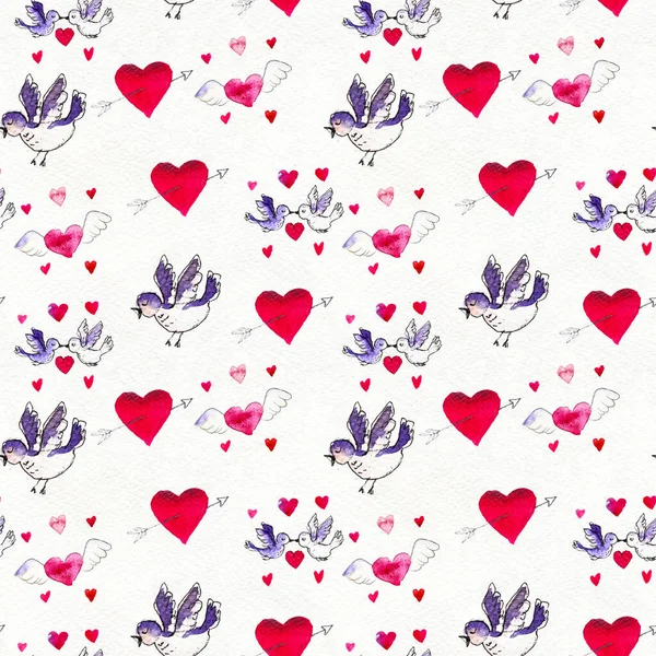 Alles Gute zum Valentinstag. Nahtloses Muster mit roten Aquarellherzen und Vögeln. — Stockfoto