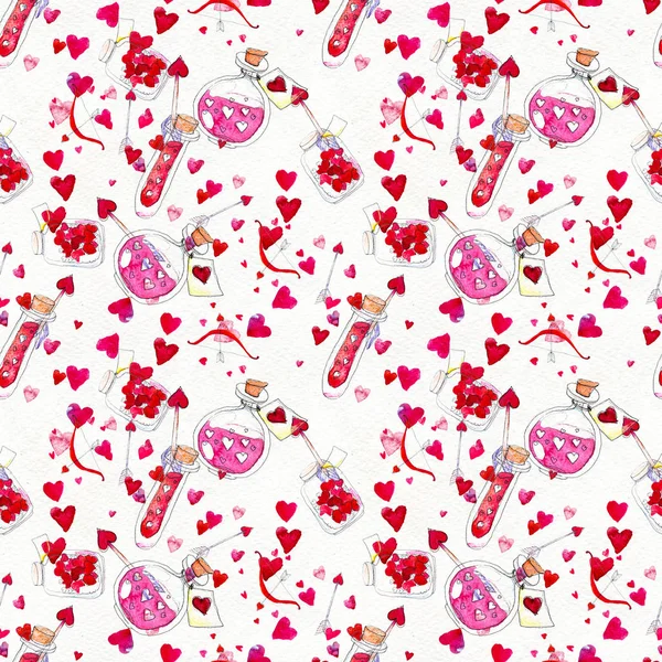 Happy Valentines Day. Seamless pattern with red watercolor hearts. — Stock Photo, Image