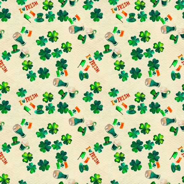 Zökkenőmentes kézzel rajzolt háttér St. Patricks Day szimbólumokkal — Stock Fotó