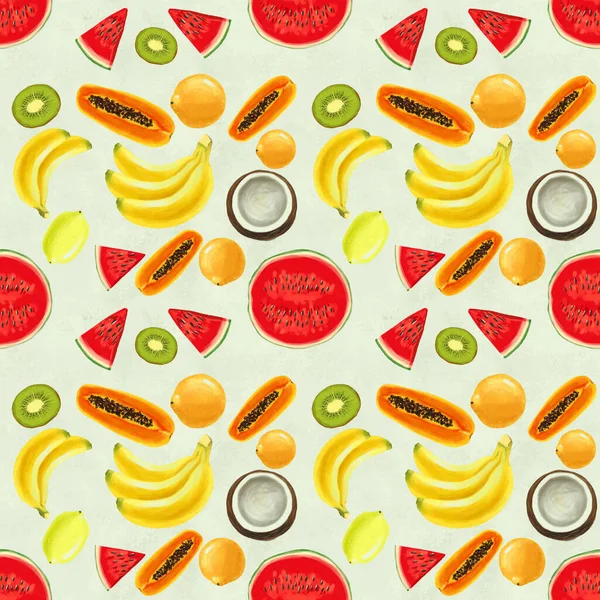 Patrón sin costura dibujado a mano con plátanos, cocos, papaya de limón naranja y sandía. — Foto de Stock