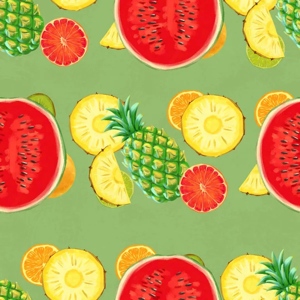 手描きのシームレスなパターン。エキゾチックな果物と夏の背景. — ストック写真