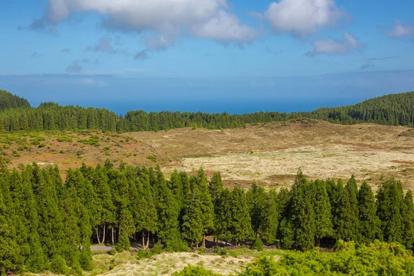 Hegyek a mezők felett. Terceira sziget Azori-szigeteken, kék égbolttal és felhőkkel. — Stock Fotó
