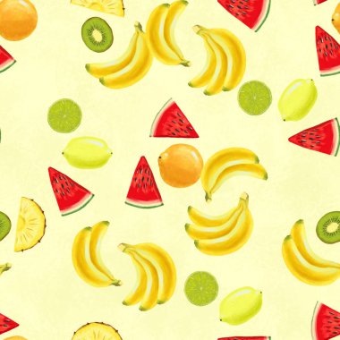 Muz, kireç, limon ve karpuz ile elle çizilmiş kusursuz desen.